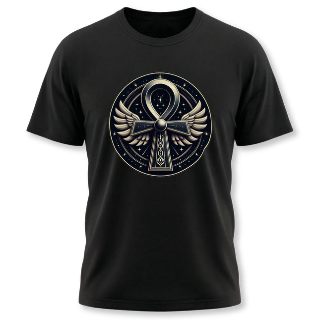 Winged ankh symbol graphic on a black tee, featuring celestial stars and ancient Egyptian design.