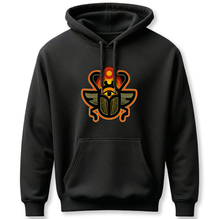 Khepri Scarab beetle graphic on a black hoodie, representing Egyptian rebirth and the rising sun.