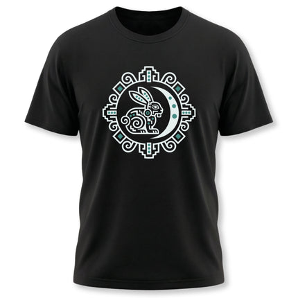 Mayan Rabbit Moon T-Shirt | White Crescent and Geometric Border Tee