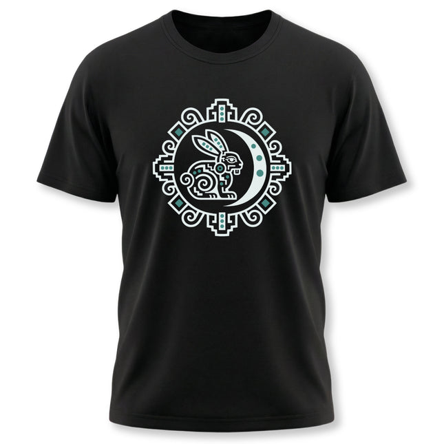 Mayan Rabbit Moon T-Shirt | White Crescent and Geometric Border Tee