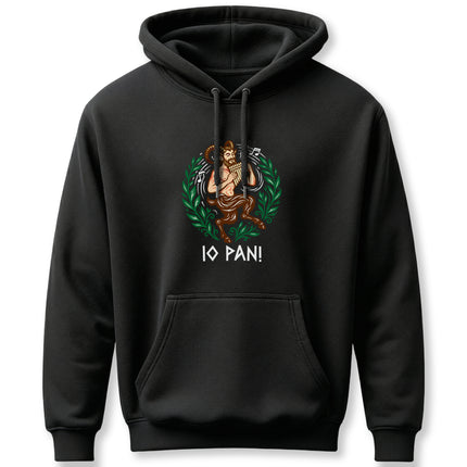 Satyr Panpipes graphic on black hoodie. Greek mythology art featuring the god Pan.