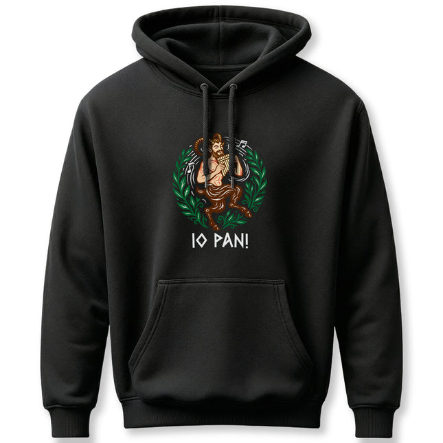 Satyr Panpipes graphic on black hoodie. Greek mythology art featuring the god Pan.