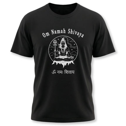 Om Namah Shivaya Lord Shiva graphic tee featuring Hindu mantra art and Sanskrit script.