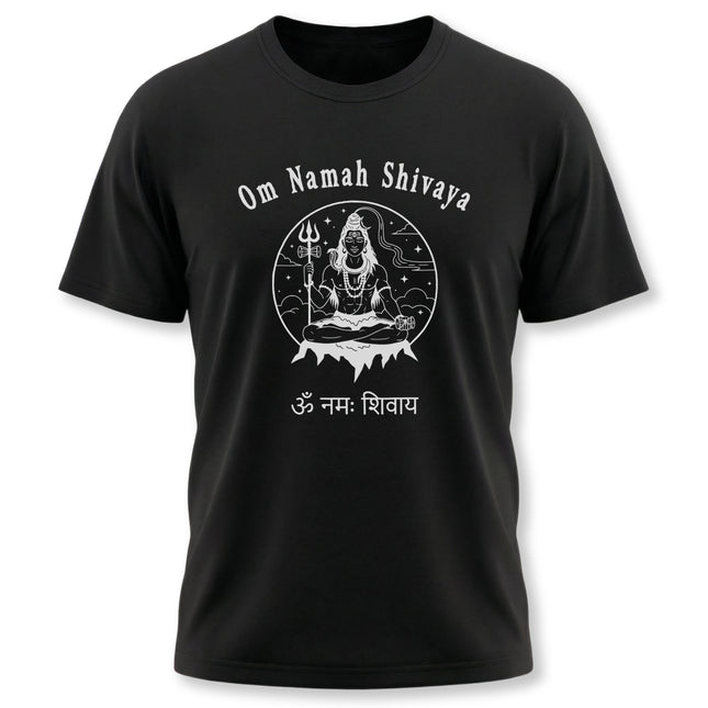 Om Namah Shivaya Lord Shiva graphic tee featuring Hindu mantra art and Sanskrit script.