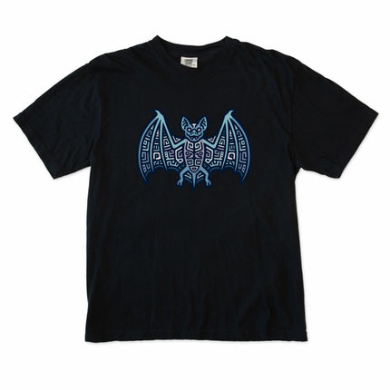 Blue and indigo t-shirt with tribal geometric Mayan bat symbol graphic print.