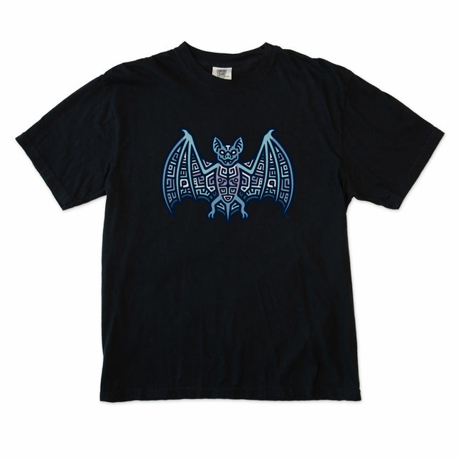 Blue and indigo t-shirt with tribal geometric Mayan bat symbol graphic print.
