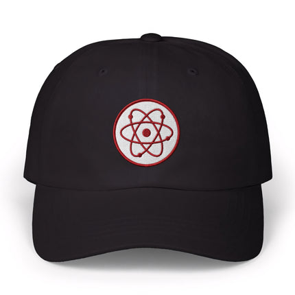 Black dad cap featuring a red embroidered atomic symbol design for science enthusiasts.