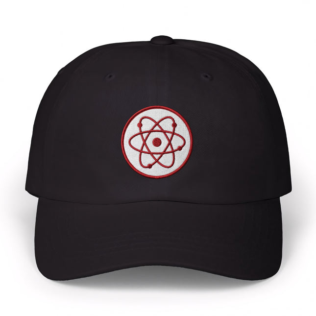Black dad cap featuring a red embroidered atomic symbol design for science enthusiasts.