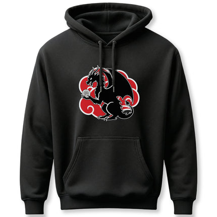 Stylized black dragon graphic with red cloud background on a black pullover hoodie.