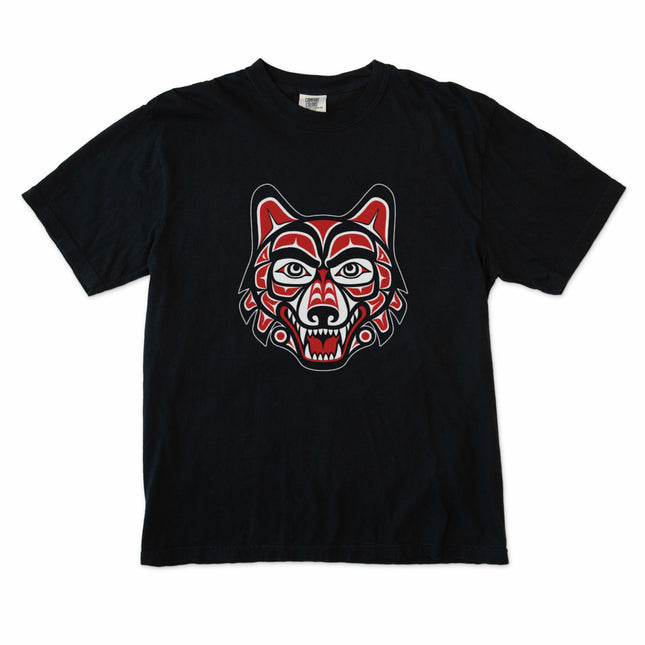 Haida wolf head graphic t-shirt featuring Pacific Northwest indigenous art design print.