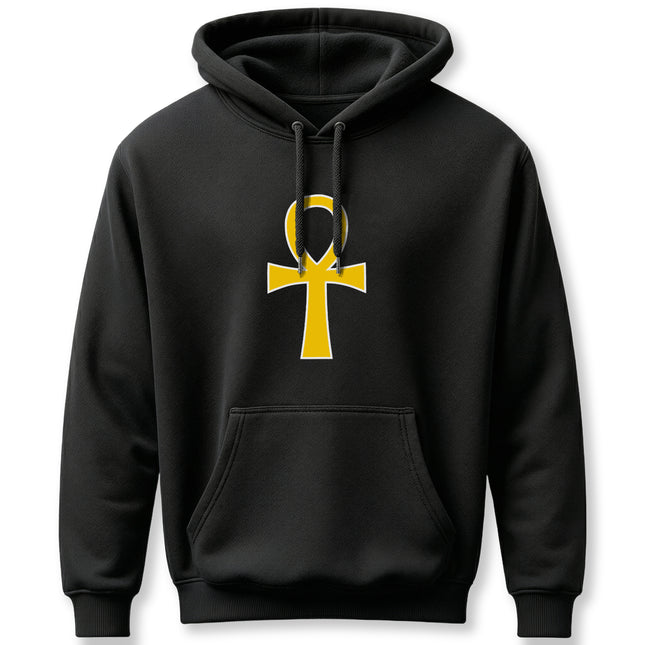 Golden Ankh symbol graphic on black hoodie. Ancient Egyptian mythology design.
