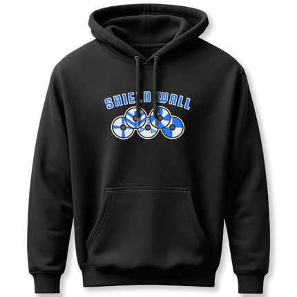 Norse Shield Wall graphic hoodie featuring Viking shields and warrior text. Unisex black pullover.
