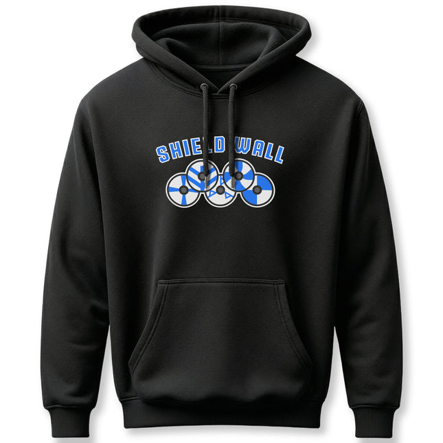 Norse Shield Wall graphic hoodie featuring Viking shields and warrior text. Unisex black pullover.