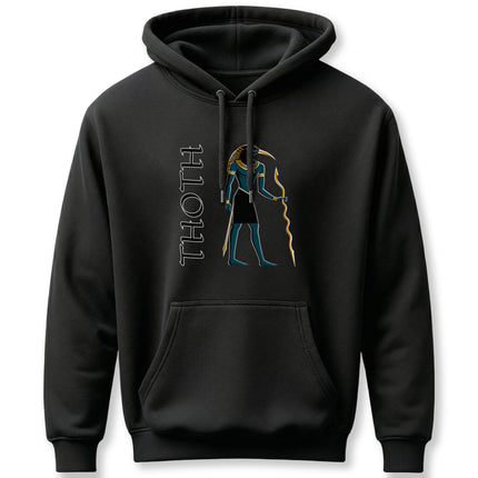 Thoth, the Egyptian god, graphic art print on a black hoodie featuring the ibis deity and name text.