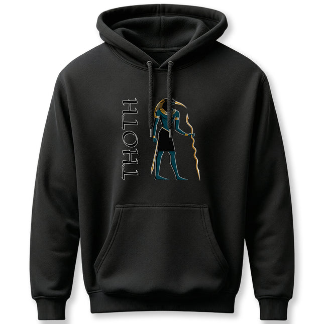Thoth, the Egyptian god, graphic art print on a black hoodie featuring the ibis deity and name text.