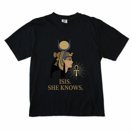 Graphic t-shirt featuring Egyptian goddess Isis artwork and ancient hieroglyphic motifs on a unisex tee.