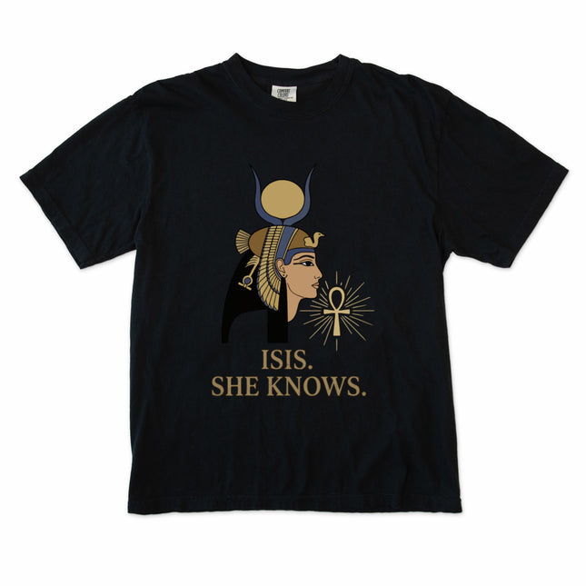 Graphic t-shirt featuring Egyptian goddess Isis artwork and ancient hieroglyphic motifs on a unisex tee.