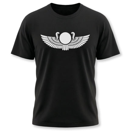 Winged sun disk graphic on a black t-shirt, representing ancient Egyptian mythology and divine symbolism.