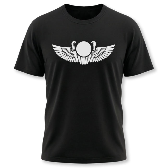 Winged sun disk graphic on a black t-shirt, representing ancient Egyptian mythology and divine symbolism.