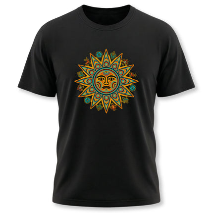 Colorful Huichol sun face graphic on a black tee, featuring vibrant Indigenous Mexican folk art and solar symbolism.