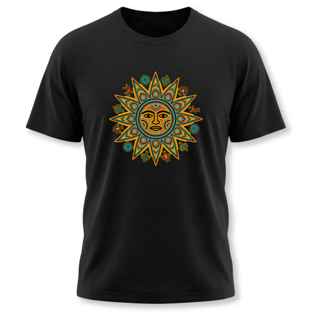 Colorful Huichol sun face graphic on a black tee, featuring vibrant Indigenous Mexican folk art and solar symbolism.