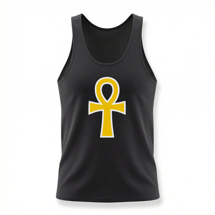 Black tank top featuring a gold Ankh symbol, the ancient Egyptian key of life.