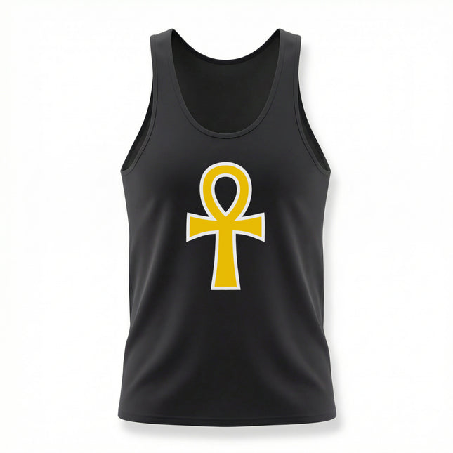 Black tank top featuring a gold Ankh symbol, the ancient Egyptian key of life.
