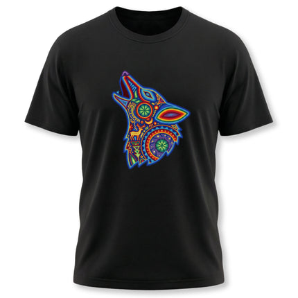 Vibrant Huichol art howling wolf graphic on a black tee, featuring Mexican folk art spirit animal design.