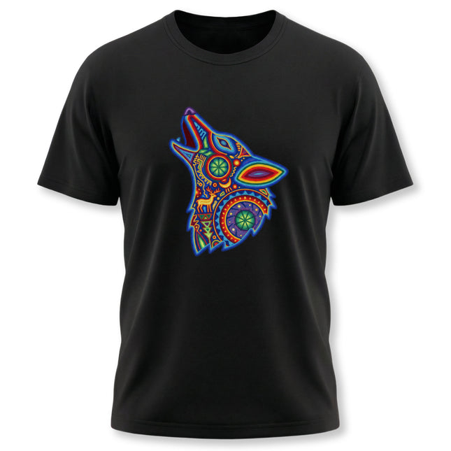 Vibrant Huichol art howling wolf graphic on a black tee, featuring Mexican folk art spirit animal design.