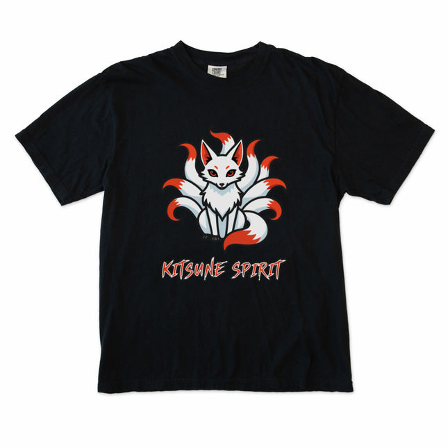 Nine-tailed kitsune fox spirit graphic t-shirt featuring Japanese mythological art design.