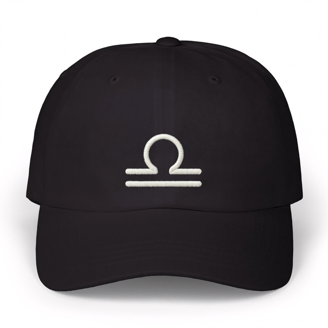 Black dad cap with embroidered Libra zodiac sign symbol for astrology lovers.