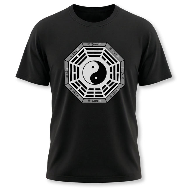 Black T-shirt featuring the Bagua and Yin Yang symbol, representing Taoist and Chinese philosophy.