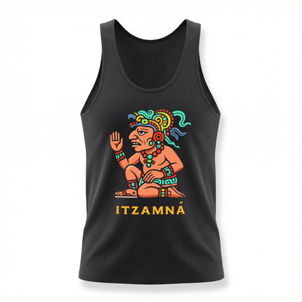 Itzamná Mayan god graphic print on a colorful unisex tank top featuring ancient mythology art.