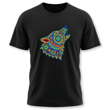 Vibrant geometric howling wolf tribal art graphic for a black t-shirt.