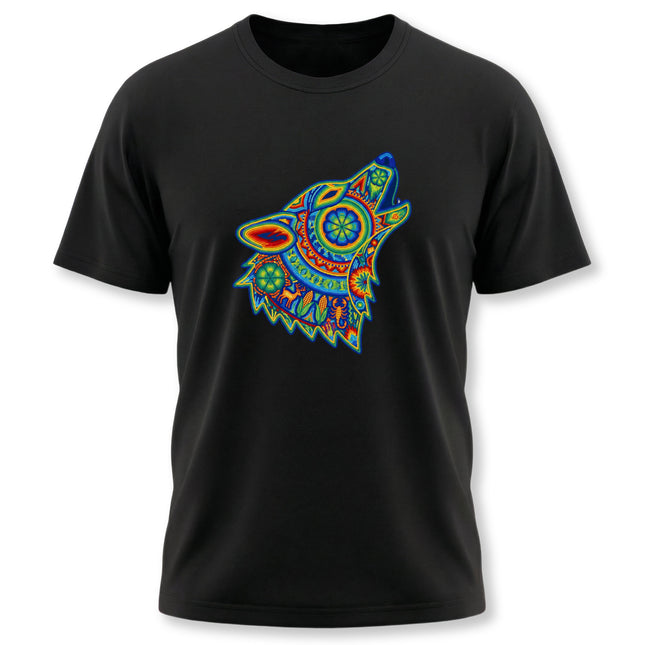 Vibrant geometric howling wolf tribal art graphic for a black t-shirt.