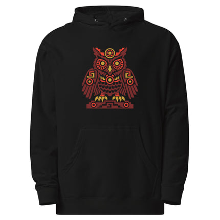 Aztec Owl Hoodie | Red and Gold Geometric Bird on a Perch