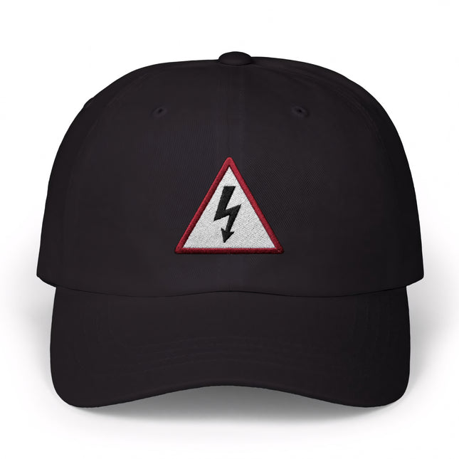 Black baseball cap embroidered with a red and white high voltage lightning bolt warning sign.