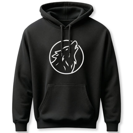 Minimalist howling wolf line art graphic on a black circle pullover hoodie.