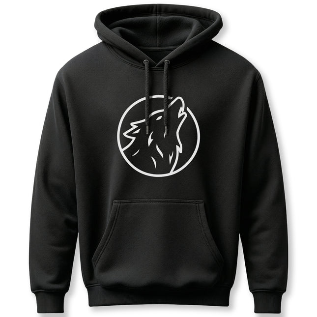 Minimalist howling wolf line art graphic on a black circle pullover hoodie.