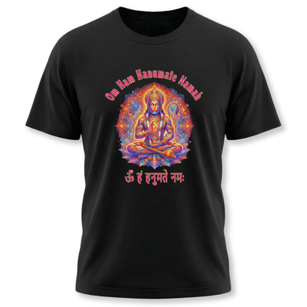 Hanuman mantra t-shirt featuring vibrant mandala art of the Hindu deity Om Ham Hanumate Namah.