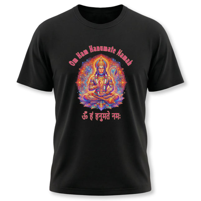 Hanuman mantra t-shirt featuring vibrant mandala art of the Hindu deity Om Ham Hanumate Namah.