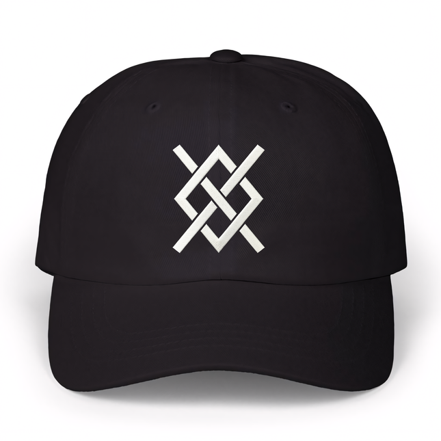 Black Norse embroidered cap with white Gungnir knotwork symbol.