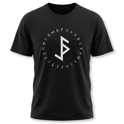 Black t-shirt featuring Norse runes and the Elder Futhark alphabet for protection and magic.