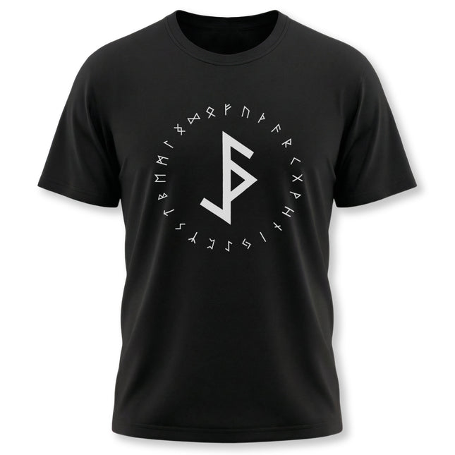 Black t-shirt featuring Norse runes and the Elder Futhark alphabet for protection and magic.