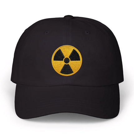 Black embroidered cap with yellow radioactive hazard symbol.