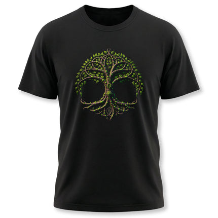 Celtic Tree of Life Yggdrasil graphic tee on black shirt. Features intricate Celtic mythology symbolism.