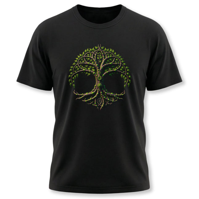 Celtic Tree of Life Yggdrasil graphic tee on black shirt. Features intricate Celtic mythology symbolism.
