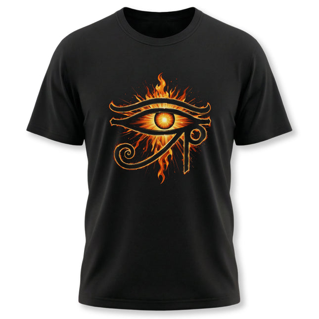Flaming Eye of Ra symbol graphic tee featuring ancient Egyptian mythology on a black shirt.