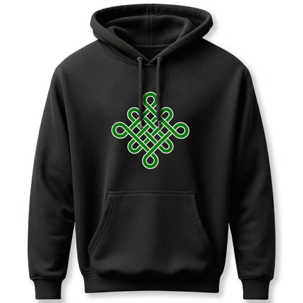 Green Celtic knot symbol graphic on black hoodie.