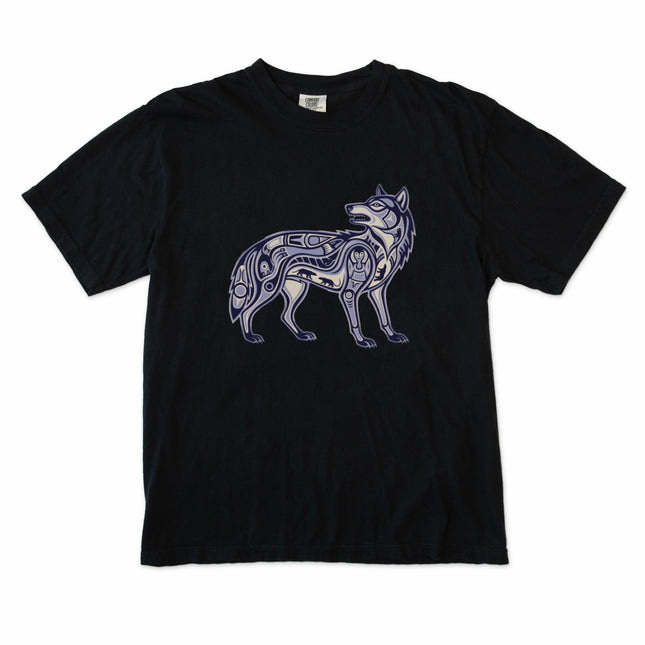 Inuit inspired wolf symbol graphic tee shirt with tribal animal patterns.